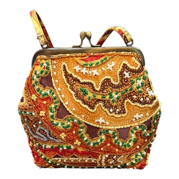 Santi Beaded Jewel Embellished Paisley Kiss Lock Mini Cocktail Party Bag Clutch - Picture 1 of 11
